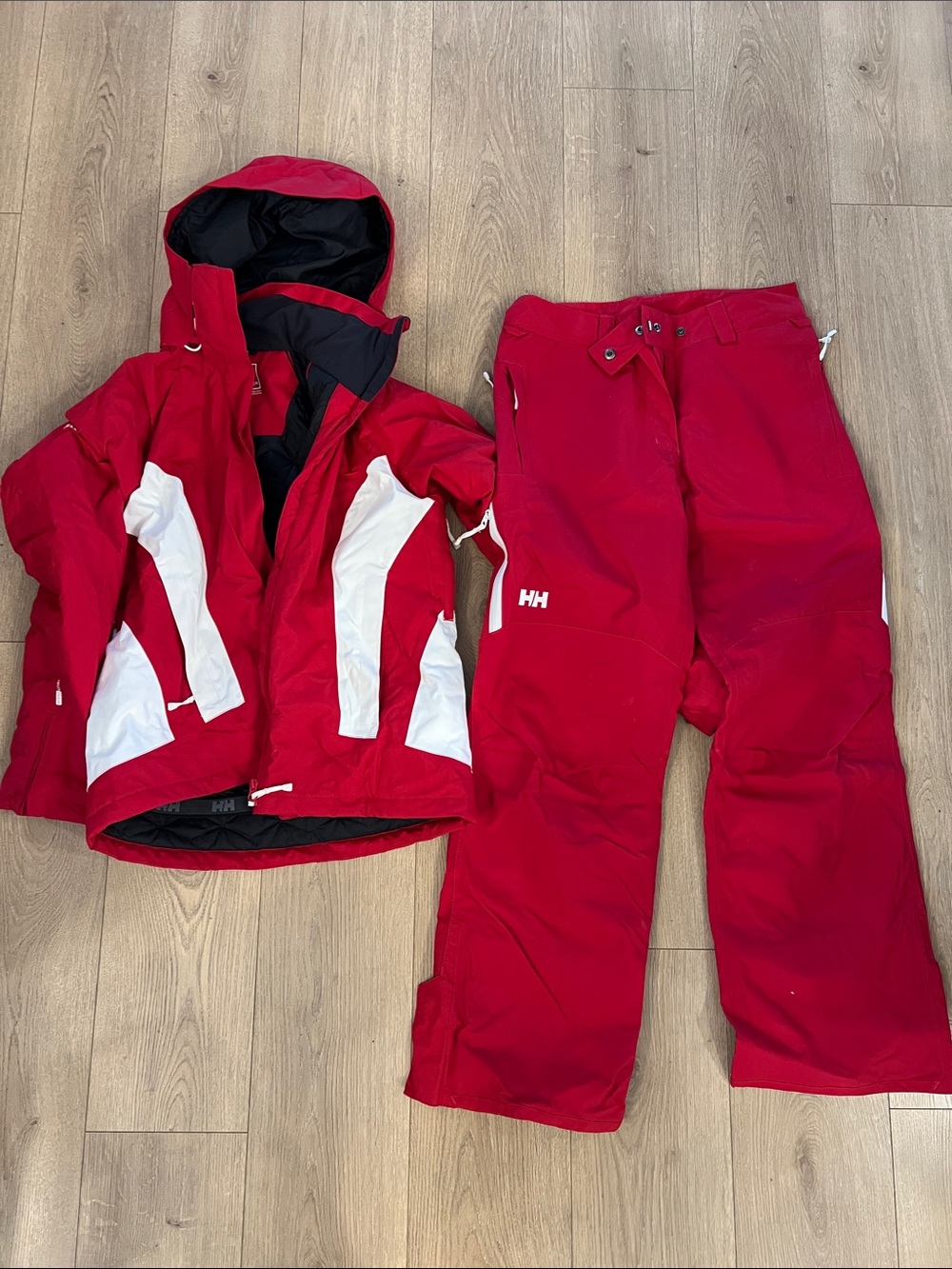 Helly Hansen Women’s Red Ski Jacket with White Accents and Red Snow Pants